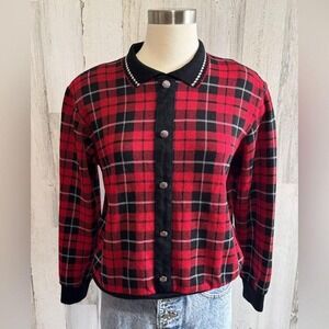Vintage Christmas Plaid Button-Up‎ Sweater small holiday classic teacher